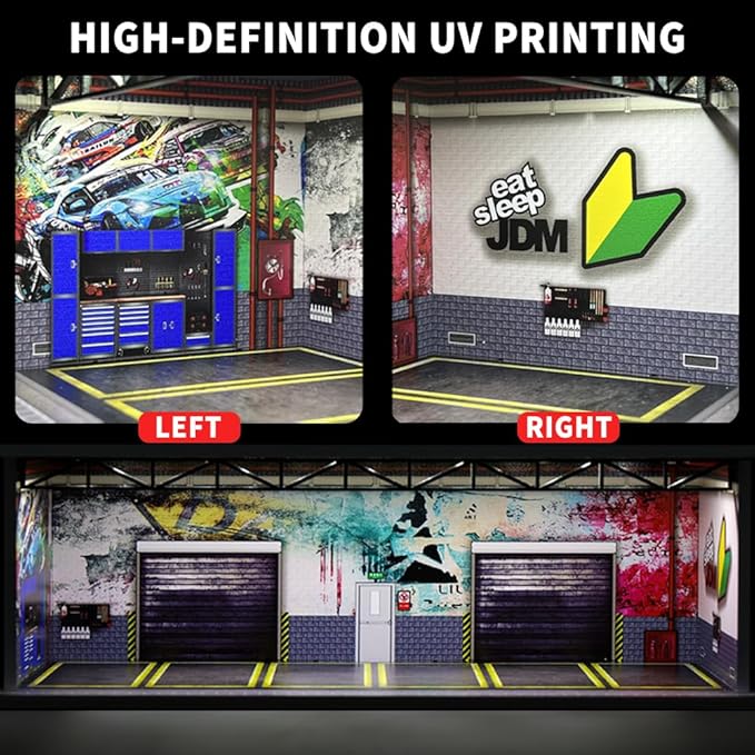 1/64 Scale Hot die-cast Wheels Model car scenarios Display case with LED Light and Acrylic Cover, Scenes Parking lot Diorama Storage Garage Box with 6 Parking Spaces (JDM)