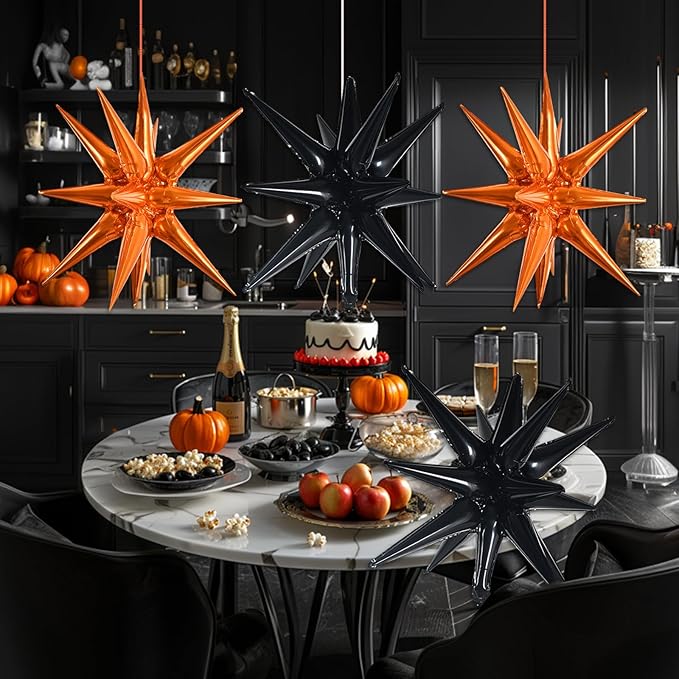 TONIFUL 4Pcs 22 Inch 4D Huge Star Balloons,Explosion Star Mylar Foil Balloons for Halloween Party Supplies Backdrop,Christmas,New Year,Birthday, Wedding,Photo Booth Ornament (Black Orange)