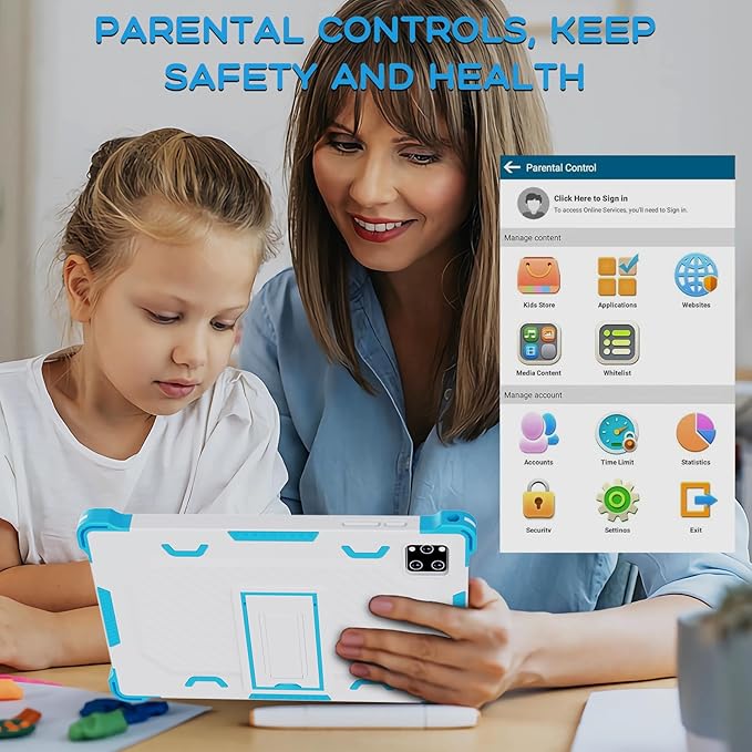 10 Inch Android 15 Kids Tablet, 10GB RAM 64GB ROM Storage, 10000mAh Large Battery, Parental Control, Pre-Installed Educational Apps, Learning Tablet for Kids 3-7（Blue）