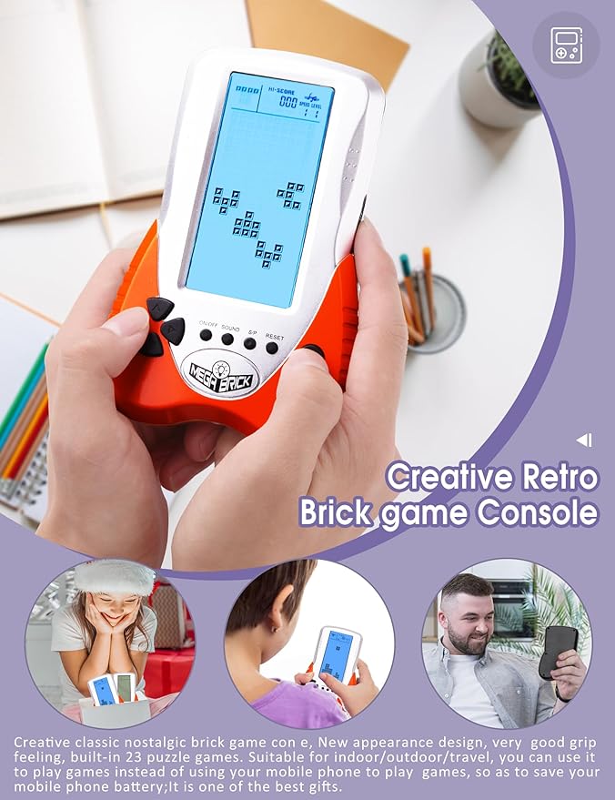 Retro Block Brick Game Console Large Screen Blue Backlight Brightness can be Adjusted Build in 23 Game Compatible with Lithium Battery/AAA Batteries can Plug in Headphone Christmas GIF(Orange)