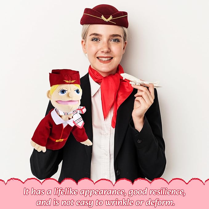 Role Play Hand Puppets Hand Plush Chef Doctor Fireman Pirate Detective Athlete Nurse Worker Hand Puppet Toys Puppets for Kids Storytelling Imaginative Pretend Play Teaching Preschool(Stewardess)