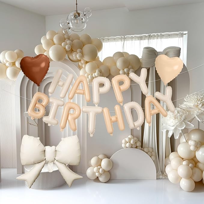 29PC Heart Bow Cream Happy Birthday Balloon Banner, 16Inch 3D Aluminum Letter Banner Sign, Apricot Brown Sand White Gold Confetti Balloons 18 Inch Apricot Foil Balloons for Bow Decorations