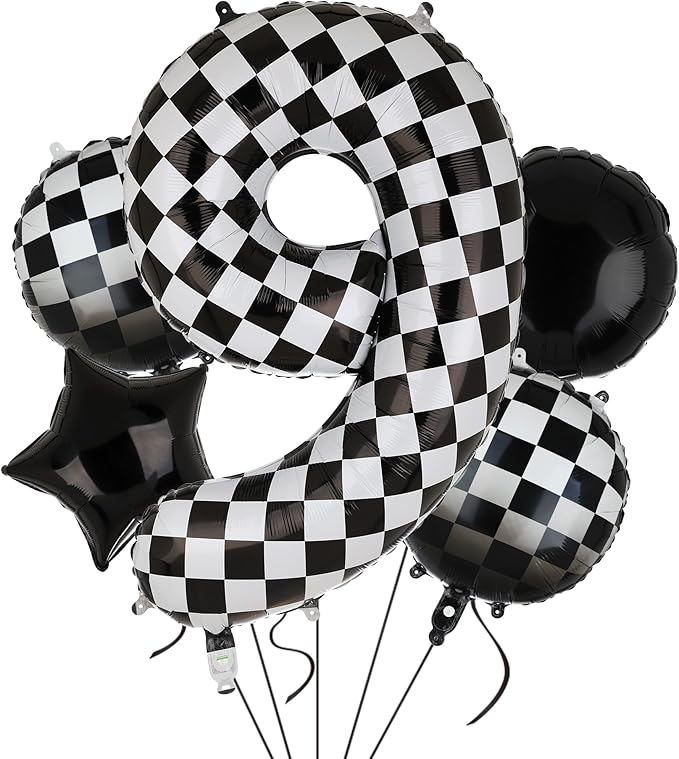 40 Inch Checkered Number Balloon 9 Black and White Race Car Birthday Balloons Baby Hippie Smile Party Shower Boys 9th Birthday Race Car Theme Party Decor Supplies 5 Pcs