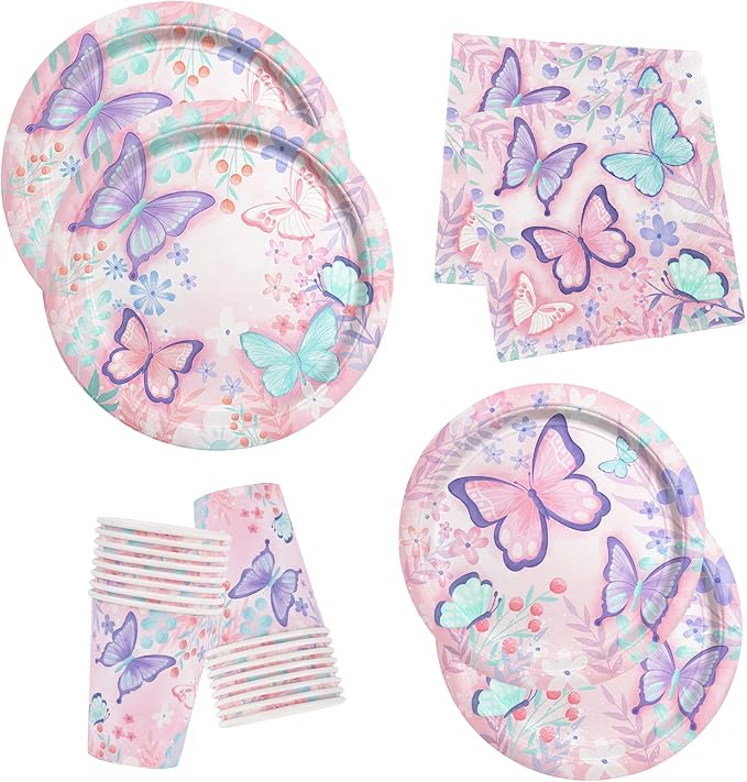 Butterfly Birthday Party Supplies Disposable Paper Plates Napkins and Cups for Butterfly Girl Party Birthday Decorations, Serve 16