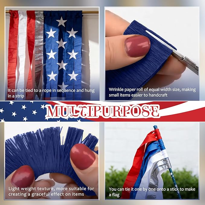 NICROLANDEE Patriotic Decorations - 8 Rolls Red White Blue Crepe Paper Streamers Tassels Streamer Paper for 4th of July Decorations Independence Day Memorial Day American Theme Party Decorations