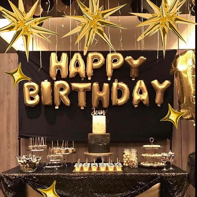 Gold Star Foil Balloons Kit - 6 Pack 12 Point Starburst Cone and Spike Balloons With 10Pcs Four Pointed Stars for Wedding, Baby Shower, Photo Booth, Birthday Party Supplies