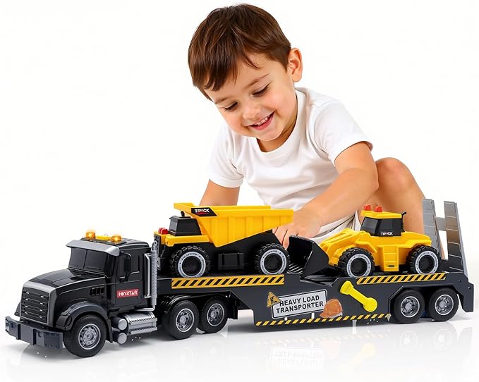 Construction Carrier Truck Toys,21" Semi-Trailer Toy with Excavator and Dump Toddler Boy Toys for 3 4 5 6 7 Years Kids Friction Powered Vehicle Car Toy with Lights & Sounds, Birthday for Boys Girls