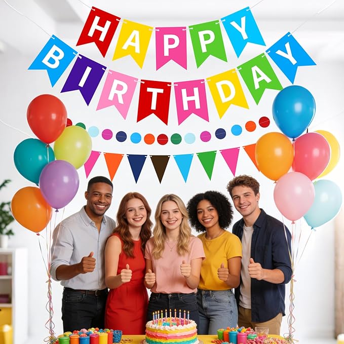Colorful Happy Birthday Banner, Happy Birthday Decorations Hanging Birthday Sign Circle Dot Triangle Bunting for Women Men Girl Boy Party Supplies