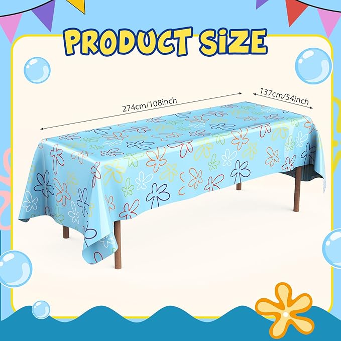 Oudain 4 Sheets Sponge Birthday Party Supplies Blue Ocean Flower Tablecloth 54 x 108 Inch Plastic Table Covers for Birthday Party Decorations