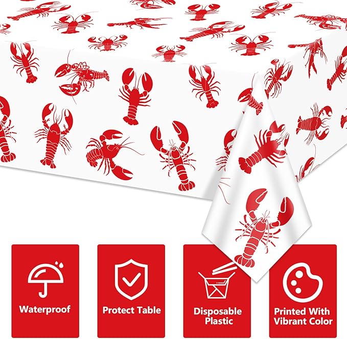 4 Pack Crawfish Tablecloths Plastic Red Lobster Crawfish Boil Table Cover for Birthday Party Decorations Seafood Festivals Potluck Barbecue Supplies, 87 x 51 inches