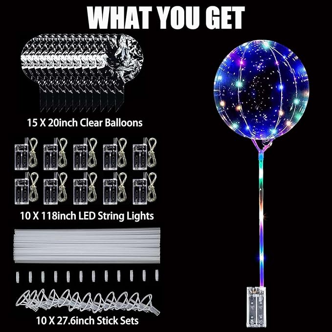 10 Pack LED Balloons with Sticks, 15Pcs 20 Inch Clear Bobo Balloons Light Up Helium Glow Bubble Balloon Lights for Party Supplies Valentines Decor (Colorful)