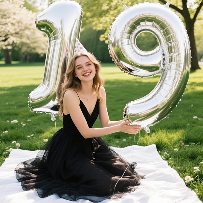 40 Inch Silver Number 19 Digital Balloon,Jumbo Mylar Foil Helium Balloon for 19 Balloons for Birthday Party,Wedding Anniversary Party Decorations
