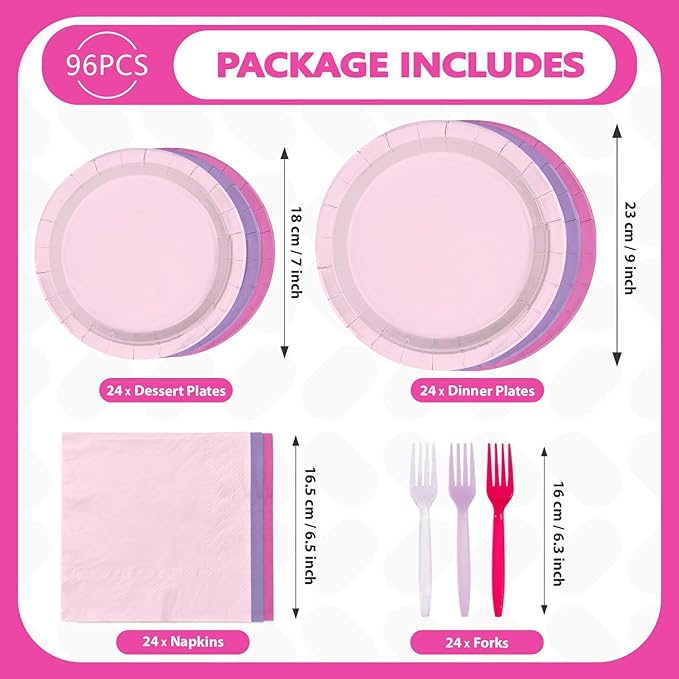 96Pcs Purple Pink Birthday Party Decoration Light Plates and Napkins Hot Pink and Purple Disposable Paper Tableware Set for Girls Birthday Bridal Baby Shower Wedding Party Supplies Serves 24