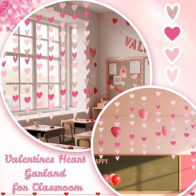 Capoda 8 Pcs Valentine's Day Garland Decorations Rose Gold Pink Burgundy Heart Garland Banners Glittery Valentines Hanging Decor for Sweet Day Birthday Wedding Anniversary Party Supplies