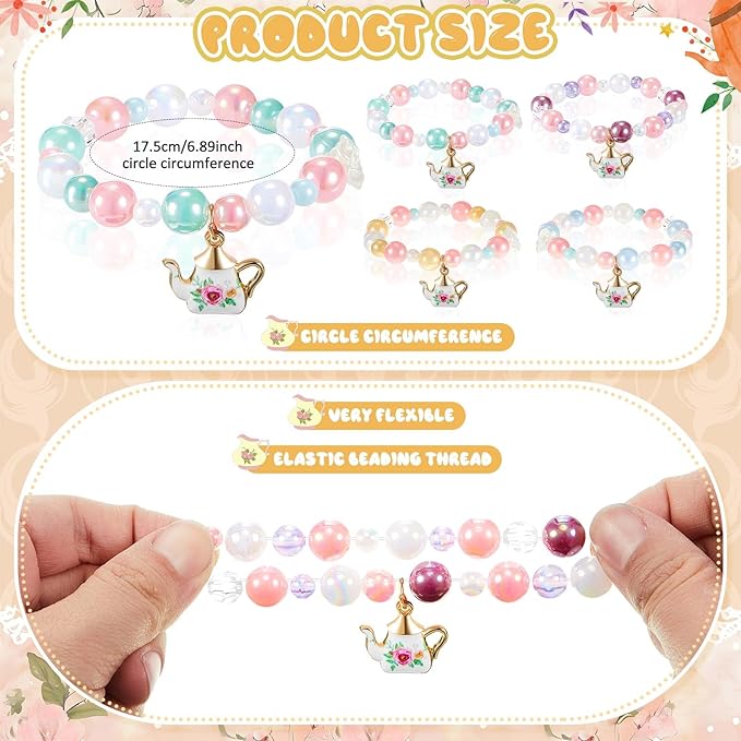 Ecally 36 Pcs Tea Party Favors Bracelet Gift Tea Pot Beaded Bracelet Bulk Party Supplies Pot Pendant Accessories Decorations for Kids Girl