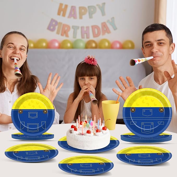 48pcs Yellow Cartoon Birthday Party Supplies Blue Jeans Paper Plates Cute Cartoons Dinner Dessert Plates Yellow Cartoon Theme Disposable Tableware for Boy Girl Birthday Baby Shower Party Decor