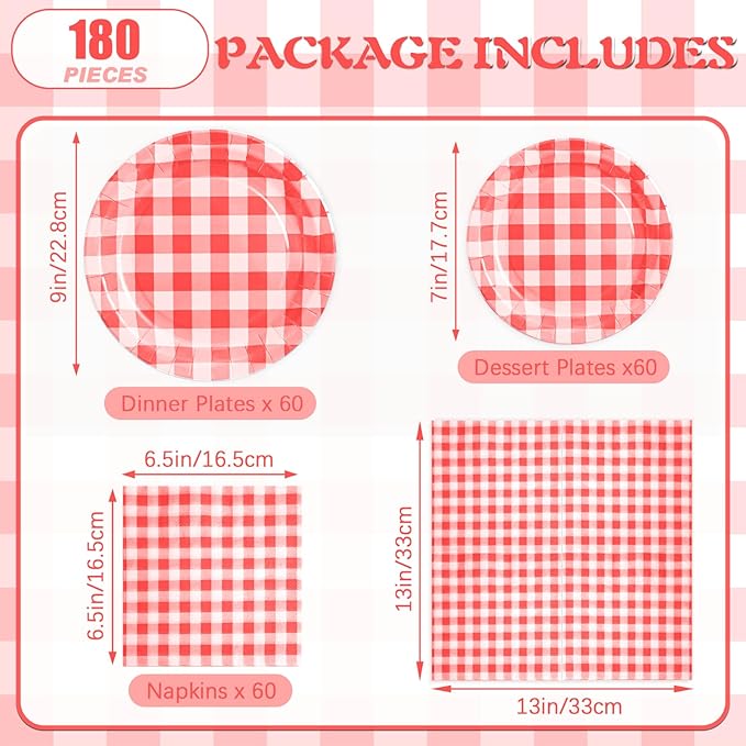 180Pcs Red Gingham Party Supplies Paper Plates and Napkins Serve 60 Disposable Tableware Set for Birthday Party Decorations Game Day Family Holiday Sports Events