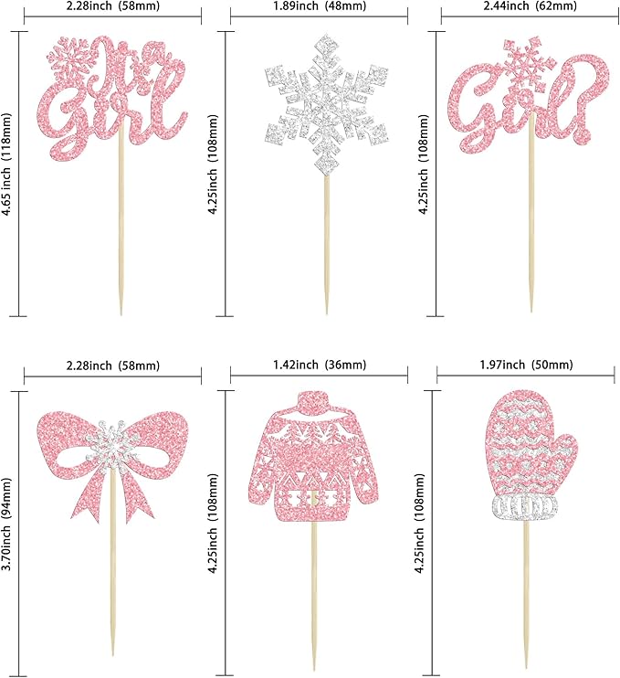 24Pcs Snowflake It's a Girl Cupcake Toppers Glitter Gloves Sweater Winter Frozen Cupcake Picks Wonderland Girls Birthday Baby Shower Cake Decorations Party Supplies Pink