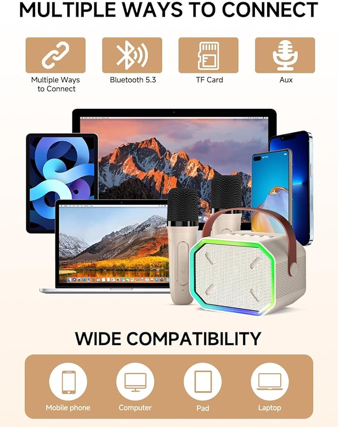 Karaoke Machine for Kids and Adults, Mini Portable Bluetooth Speaker with 2 Wireless Microphones, Led Lights for TV, Kids Gifts for Girls Boys Family Party Birthday (Beige)