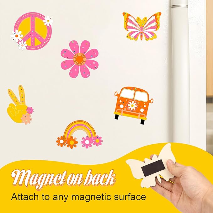 Bafeil 24 Sets Groovy Party Favors, DIY Wooden Painting Crafts Kit with Magnets, Retro Hippie Birthday Decorations, Retro Boho Themed Birthday Party Supplies Gifts Goodie Bags Stuffers Prizes