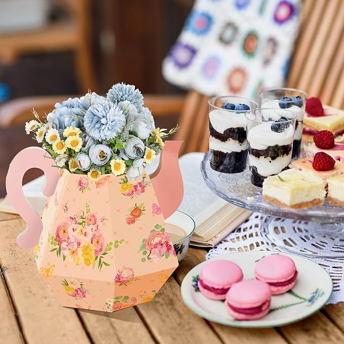 Fulmoon 6 Pcs Tea Party Decorations 6.7'' Flower Box Table Paper Teapot Princess Centerpiece Vase Table Decor Wonderland Fancy Party Decor for Floral Tea Birthday Baby Shower Wedding (Cute)