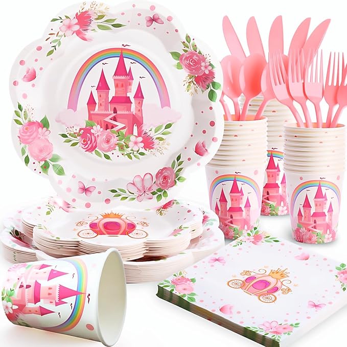 175PCS Pink Princess Birthday Party Decorations, Pink Four Ever a Princess Plates and Napkins Party Supplies, Scalloped Castle Paper Plates Disposable for Baby Shower Girl Birthday Party Decorations