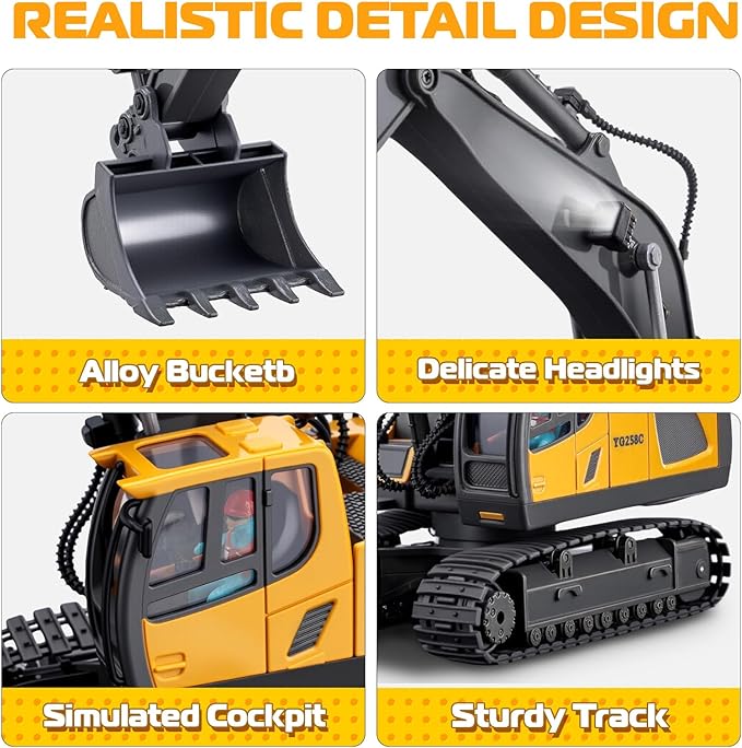 Remote Control Excavator Toys, 11 Channel 1:20 RC Construction Vehicles, 680° Rotation Hydraulic Car Toys for 6 7 8 9 10 Year Old Boys Kids, RC Truck Digger Toys Christmas Birthday Gifts