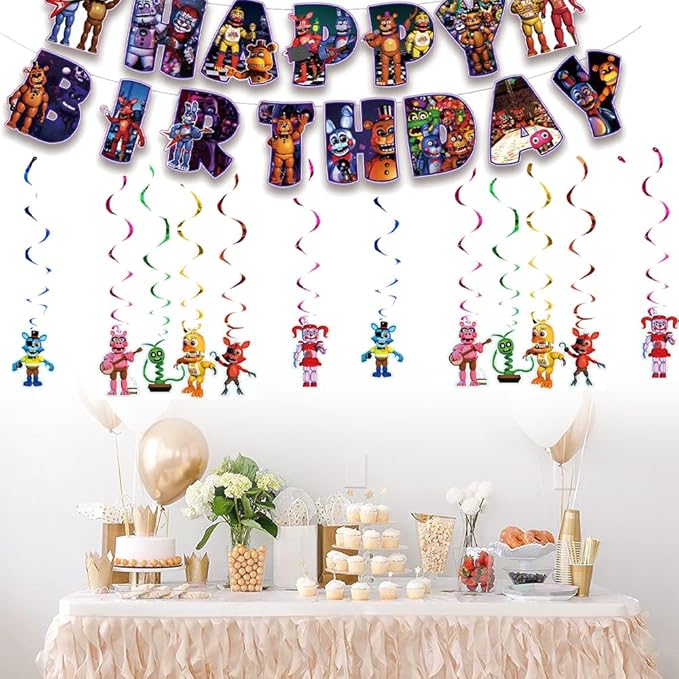13Packs Five Nights party supplies Include 12 pcs Hanging Swirls and 1 Happy Birthday Banner for Five Nights party Decoration