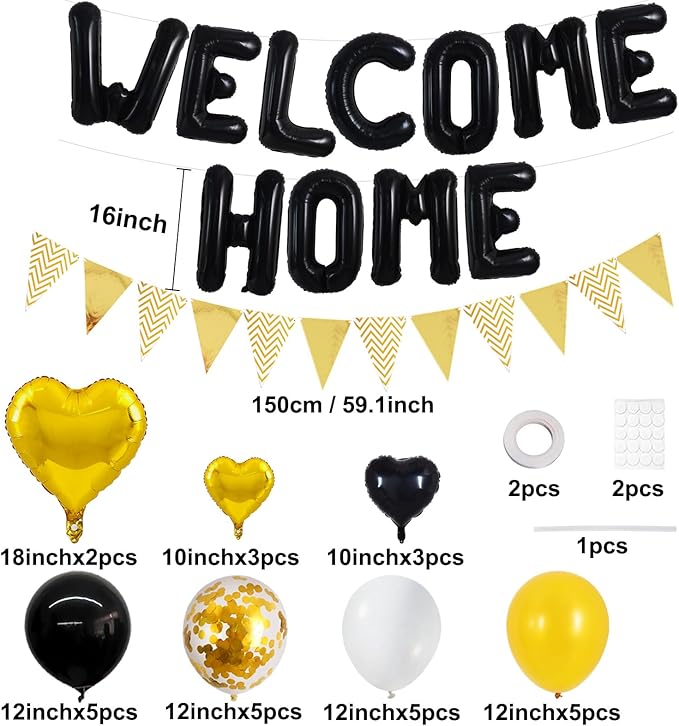 TONIFUL Welcome Home Decorations,16 Inch Black Welcome Home Foil Balloon Banner Black Gold Confetti Balloons Pennant Flag Bunting for Homecoming Party House Warming Party Family Gathering Supplies