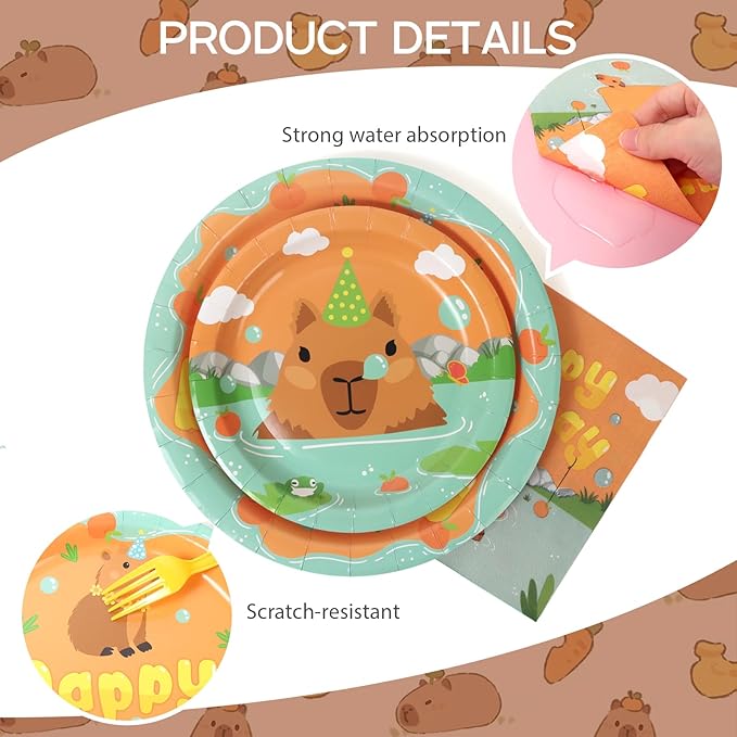 96Pcs Capybara Birthday Party Decorations, Cute Cartoon Capybara Paper Plates and Napkins, Cups Party Supplies Baby Shower Kids Birthday Party Supplies, Serves 24