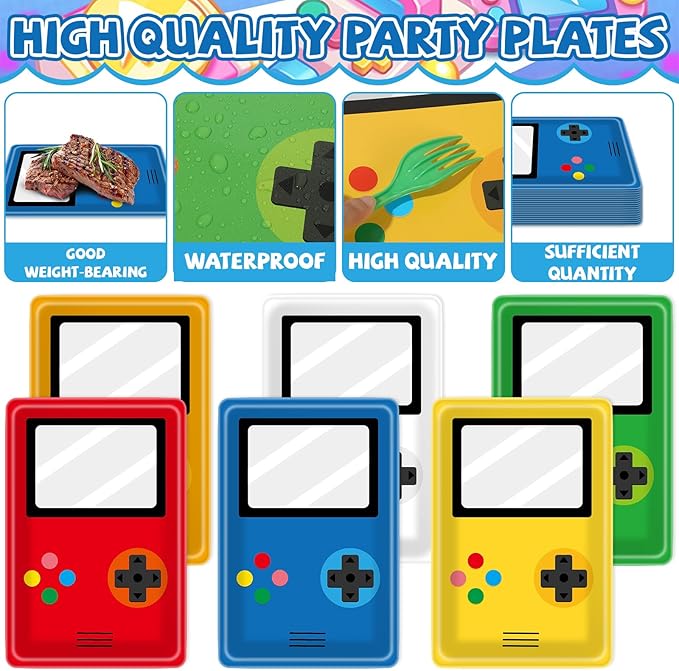 48PCS Video Game Birthday Party Decorations Colorful Controller Shaped Disposable Paper Square Plates Video Gaming Party Dessert Cake Tableware Set Gamer Decor for Kids Game on Theme Parties Supplies