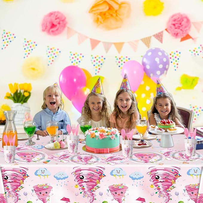 81Pcs Pink Tornado Theme Party Tableware Set Pink Two Nado Birthday Party Decoration Tornado Party Supplies