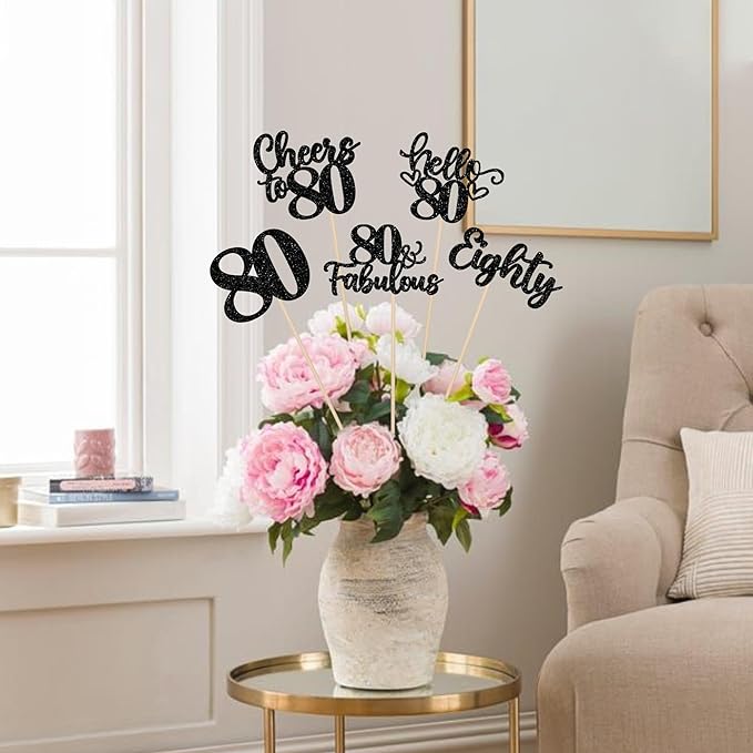 15PCS Happy 80th Birthday Centerpiece Sticks Hello 80 Cheers to 80 Birthday Table Flower Centerpieces Sticks Eighteen 80 Fabulous Floral Decorations for 80th Birthday Party Centerpieces Supplies Black