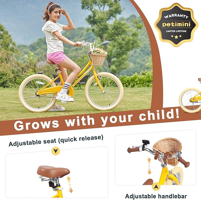 Petimini Vintage Kids Bike for Girls, 12–20 Inch Classic Bicycle with Wicker Basket & Bell, High Tensile Steel Frame, Training Wheels (12–18”), 85% Pre-Assembled, Retro Bike for Outdoor Riding