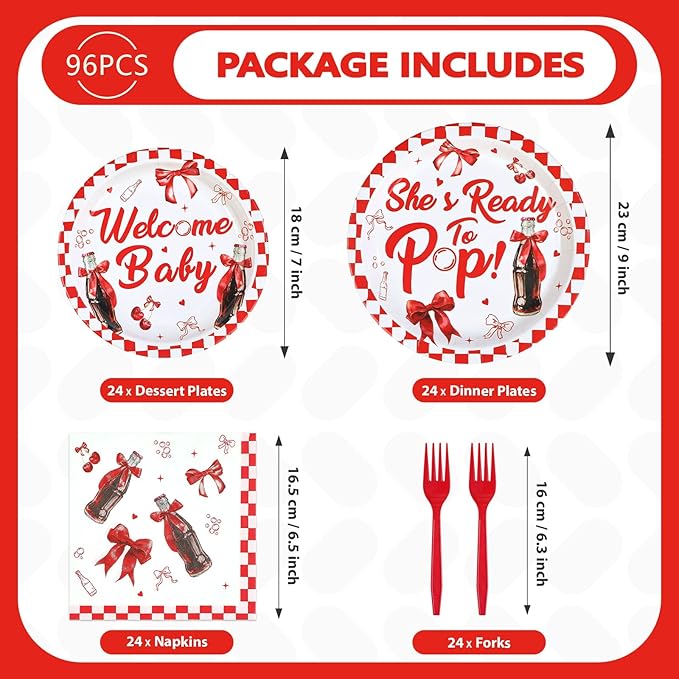 96Pcs She's Ready to Pop Baby Shower Decorations Soda Pop Drink Themed Plates and Napkins Red White Bow Gingham Disposable Paper Tableware Set for Girls Baby Shower Party Supplies Serves 24