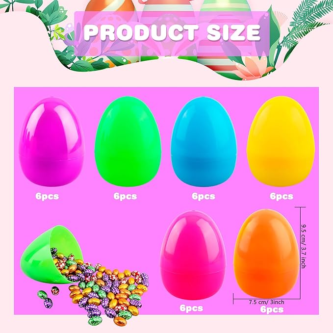 4 Inch Plastic Fillable Easter Eggs 36/54/ 66/78 pcs Large Colorful Easter Egg Big Flat Bottom Eggs Bulk for Easter Basket Fillers Egg Hunt Party Supplies (36 Pcs (6 Color) - Flat Bottom (4 Inch))