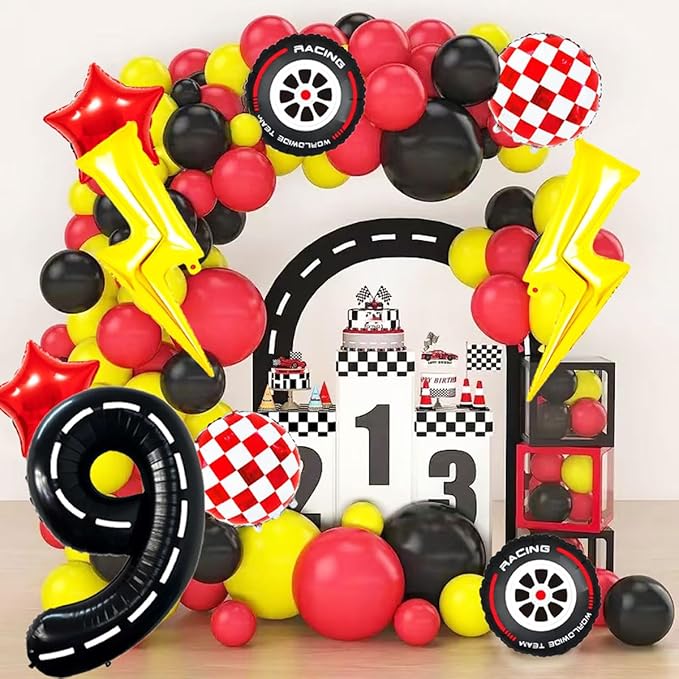 Race Car Birthday Party Decorations Large Lightning Bolt Foil Balloons Race Car Balloons 40 Inch Racetrack Number 9 Balloon for Boys 9th Race Car Birthday Party Decor Supplies