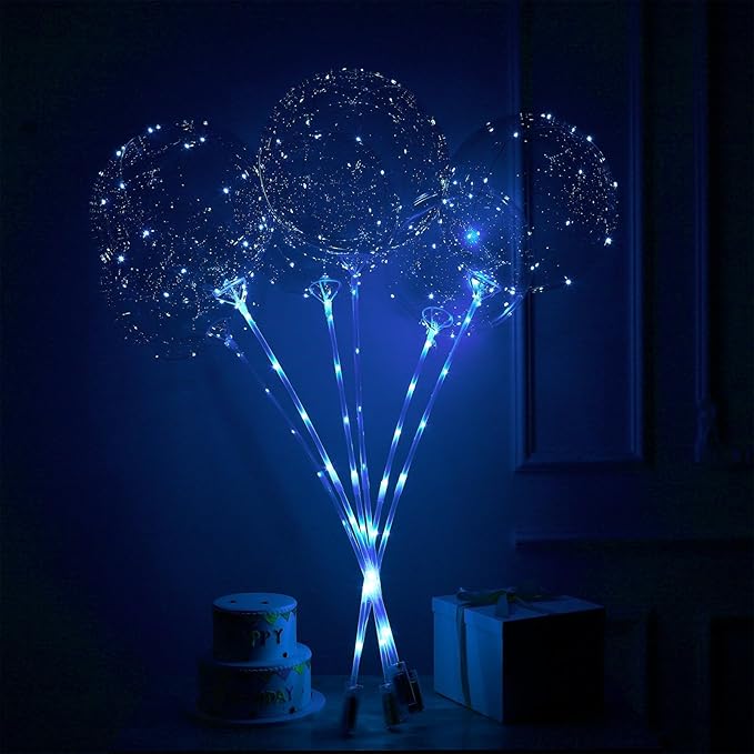 LED Balloons Light Up, 10 Pack LED Balloons with Sticks, 20 Inch Clear Bobo Balloon with Lights Helium Glow Bubble Lights for Party Supplies Valentines Decor (Blue)