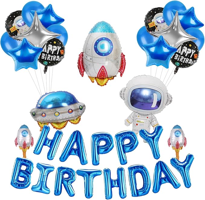 Space Birthday Decorations UFO Astronaut Rocket Balloons, Aluminium Foil Happy Birthday Banner Outer Space Themed Party Supplies for Boys Kids