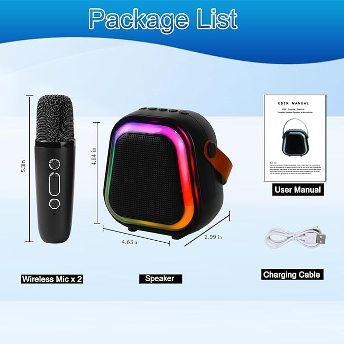 K269 Mini Karaoke Speaker with LED Lights, Portable Bluetooth Entertainment System with 2 Microphones, Dynamic Color-Changing Effects for Kids (Black+2 Mic)