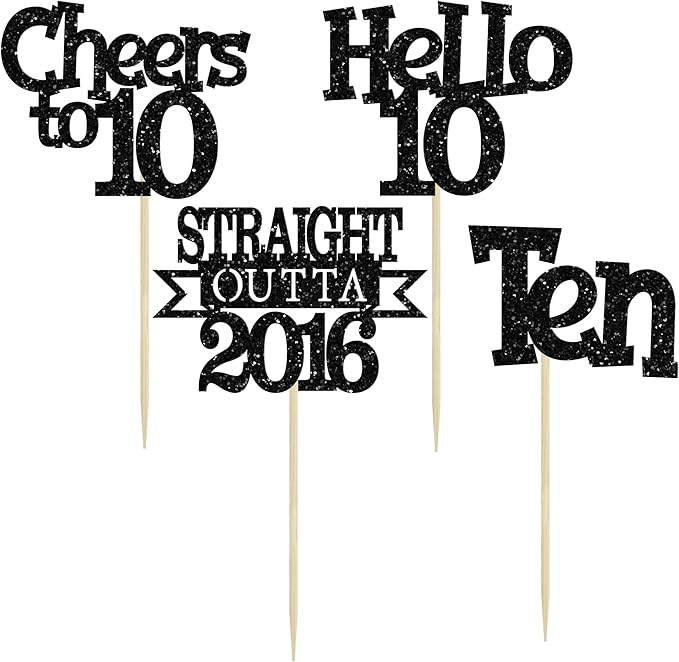 Ephlyn 24Pcs Happy 10th Birthday Cupcake Toppers Glitter Straight Outta 2016 Cupcake Picks Cheers to 10 Years Cake Decorations for 10th Birthday Anniversary Party Decorations Supplies Black