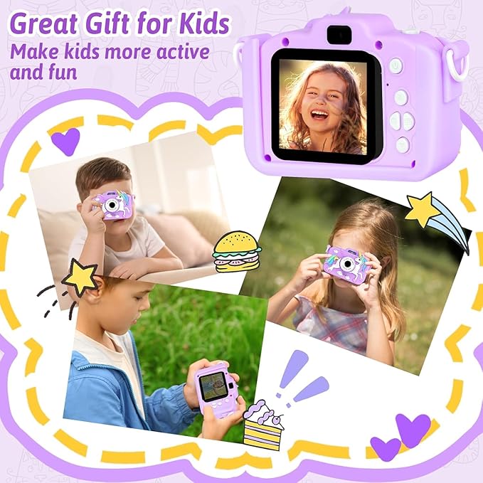 Unicorn Camera for Kids - Toddler Digital Selfie Camera with Silicone Cover, Flash and 32GB SD Card - Children Toy HD Video Kids Camera for Girls and Boys 3-12 Years - Purple