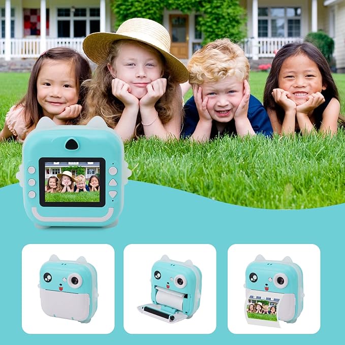 Digital Print Camera for Kids, 1080P Instant Camera for Children, Kids Camcorder Toddler Camera with Print Paper, Support Automatic Focus (Blue Green)