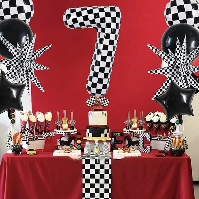 TONIFUL 40 Inch Checkered 7th Birthday Balloons Set Number 7 Race Car Black White Checkered Round Explosion Star Balloons Boys Race Car Themed Birthday Party Decoraction
