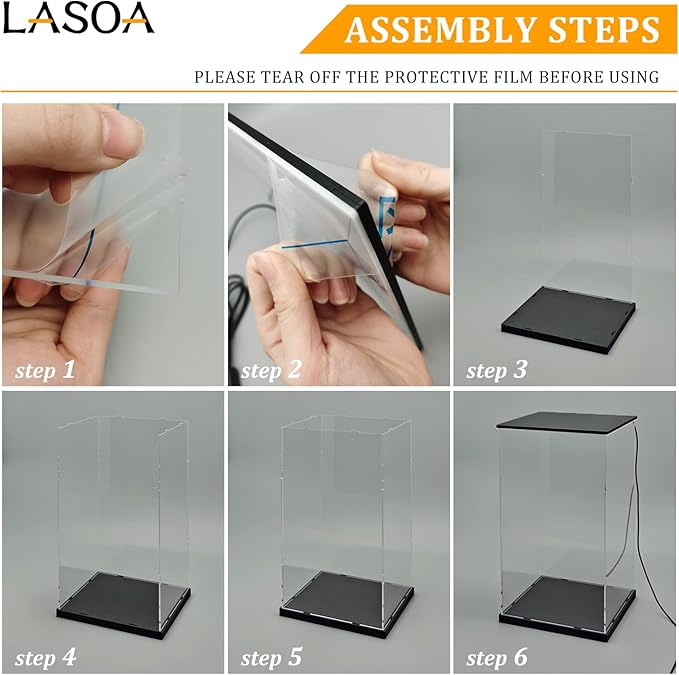 LASOA Acrylic Display Case with Warm Color Changing LED Light, Clear Display Box for Action Figures and Collectibles, Self-Assembly Dustproof Showcase with Black Base, 7.9x7.9x13.8inch