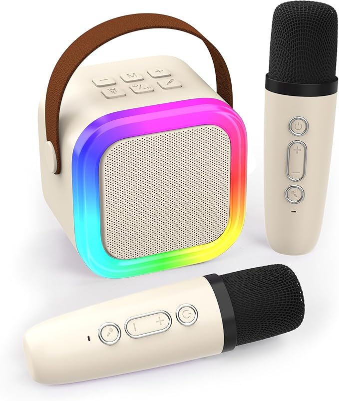 Mini Karaoke Machine for Kids Adults, Portable Bluetooth Speaker with 2 Wireless Microphones,Toys Birthday Gifts for Girls Ages 4, 5, 6, 7, 8,9,10,11,12+ Family Home Party (Beige)