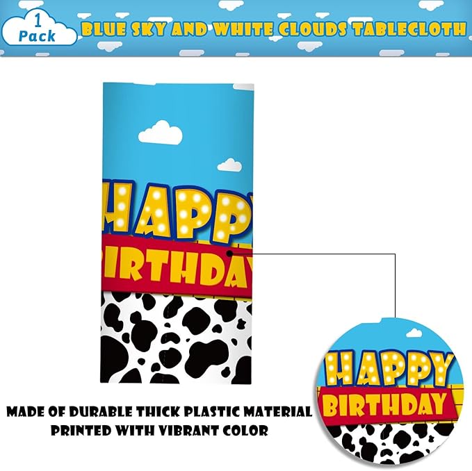 Ragnhild 1 Pack Cartoon Story Birthday Party Supplies, Cow Pattern Printed Table Cover Blue Sky and White Cloud Tablecloths Cow Birthday Decoration for Boy Girl Kid Party Decor, 54 x 108 inch
