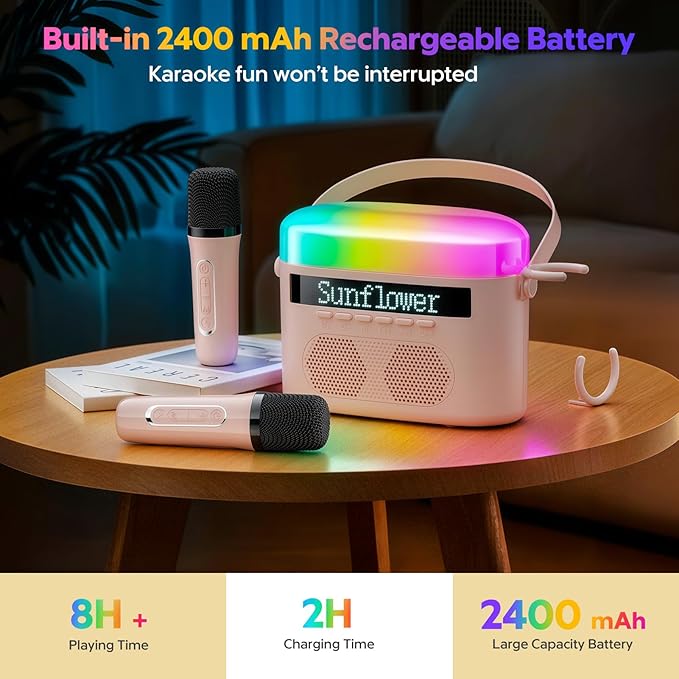 2025 New Mini Karaoke Machine for Kids & Adults, 2 Wireless Mics, LED Colortul Lights, Portable Outdoor Bluetooth Speaker - Pink