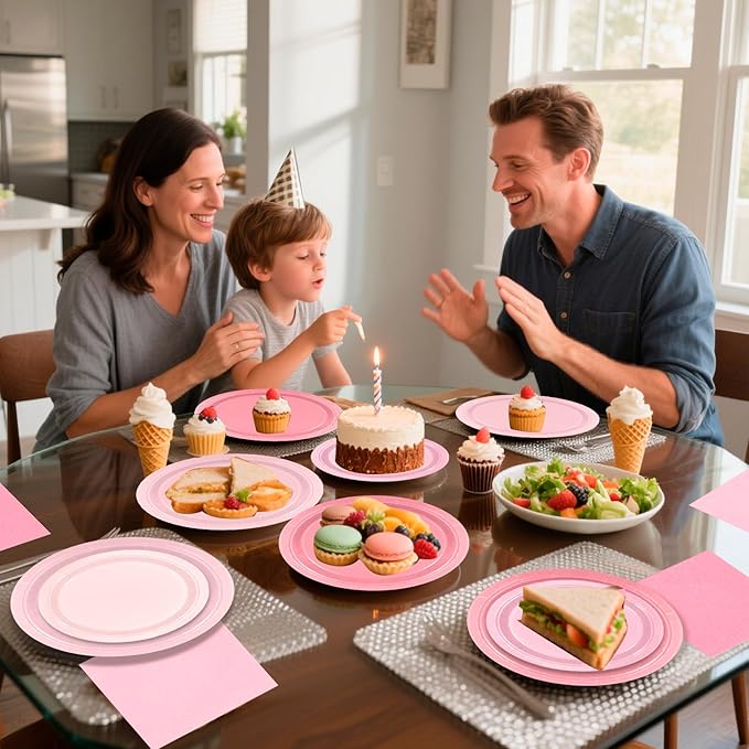 180Pcs Pink Paper Plates Party Supplies Boho Paper Plates and Napkins Serve 60 Disposable Tableware Set for Birthday Party Decorations Game Day Family Holiday Sports Events