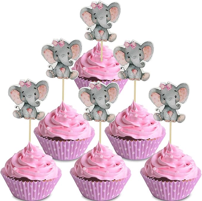Yuntop 36 Pink Elephant Cupcake Toppers for Baby Shower, Birthday Party Supplies, Cake Decorations, Cute Baby Girl Cupcake Picks